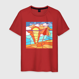Мужская футболка хлопок с принтом Море, зонтик и восход , 100% хлопок | прямой крой, круглый вырез горловины, длина до линии бедер, слегка спущенное плечо. | 