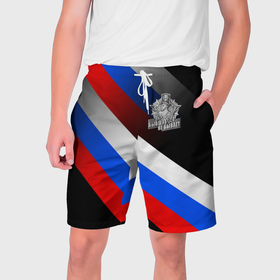 Мужские шорты 3D с принтом Пограничные войска   флаг РФ в Курске,  полиэстер 100% | прямой крой, два кармана без застежек по бокам. Мягкая трикотажная резинка на поясе, внутри которой широкие завязки. Длина чуть выше колен | 