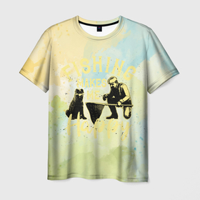 Мужская футболка 3D с принтом Рыбак с собакой в Белгороде, 100% полиэфир | прямой крой, круглый вырез горловины, длина до линии бедер | 