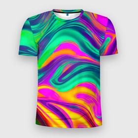 Мужская футболка 3D Slim с принтом Градиентные цветные волны в Санкт-Петербурге, 100% полиэстер с улучшенными характеристиками | приталенный силуэт, круглая горловина, широкие плечи, сужается к линии бедра | 