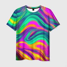 Мужская футболка 3D с принтом Градиентные цветные волны в Белгороде, 100% полиэфир | прямой крой, круглый вырез горловины, длина до линии бедер | 