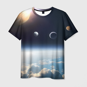 Мужская футболка 3D с принтом Космос и планета Сатурн в Тюмени, 100% полиэфир | прямой крой, круглый вырез горловины, длина до линии бедер | 