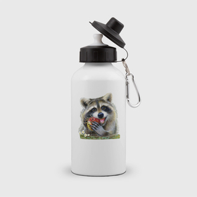 Бутылка спортивная с принтом Енотик лакомка в Курске, металл | емкость — 500 мл, в комплекте две пластиковые крышки и карабин для крепления | 