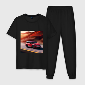 Мужская пижама хлопок с принтом Машина на пустынной дороге в Кировске, 100% хлопок | брюки и футболка прямого кроя, без карманов, на брюках мягкая резинка на поясе и по низу штанин
 | 