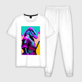 Мужская пижама хлопок с принтом Dragon samurai в Кировске, 100% хлопок | брюки и футболка прямого кроя, без карманов, на брюках мягкая резинка на поясе и по низу штанин
 | Тематика изображения на принте: 