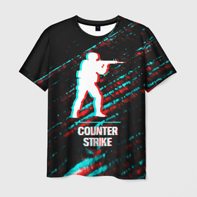 Мужская футболка 3D с принтом Counter Strike в стиле glitch и баги графики на темном фоне в Екатеринбурге, 100% полиэфир | прямой крой, круглый вырез горловины, длина до линии бедер | 