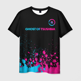 Мужская футболка 3D с принтом Ghost of Tsushima   neon gradient: символ сверху в Кировске, 100% полиэфир | прямой крой, круглый вырез горловины, длина до линии бедер | 