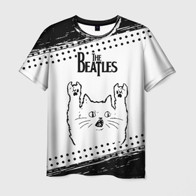 Мужская футболка 3D с принтом The Beatles рок кот на светлом фоне , 100% полиэфир | прямой крой, круглый вырез горловины, длина до линии бедер | 