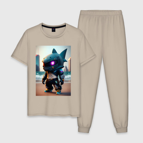 Мужская пижама хлопок с принтом Baby shark   cyberpunk   neural network в Курске, 100% хлопок | брюки и футболка прямого кроя, без карманов, на брюках мягкая резинка на поясе и по низу штанин
 | 
