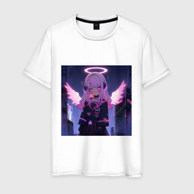 Мужская футболка хлопок с принтом Милая аниме девушка ангел в Белгороде, 100% хлопок | прямой крой, круглый вырез горловины, длина до линии бедер, слегка спущенное плечо. | 