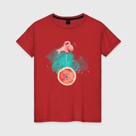 Женская футболка хлопок с принтом фламинго и грейпфрут в Петрозаводске, 100% хлопок | прямой крой, круглый вырез горловины, длина до линии бедер, слегка спущенное плечо | 