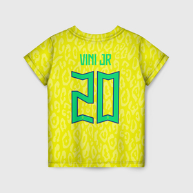 Детская футболка 3D с принтом Винисиус Жуниор ЧМ 2022 сборная Бразилии домашняя в Санкт-Петербурге, 100% гипоаллергенный полиэфир | прямой крой, круглый вырез горловины, длина до линии бедер, чуть спущенное плечо, ткань немного тянется | Тематика изображения на принте: 