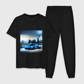 Мужская пижама хлопок с принтом Спортивная машина на фоне города в Кировске, 100% хлопок | брюки и футболка прямого кроя, без карманов, на брюках мягкая резинка на поясе и по низу штанин
 | 