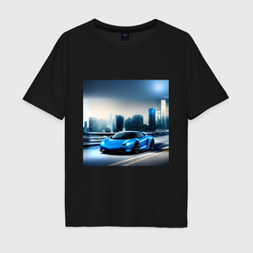 Мужская футболка хлопок Oversize с принтом Спортивная машина на фоне города в Екатеринбурге, 100% хлопок | свободный крой, круглый ворот, “спинка” длиннее передней части | 