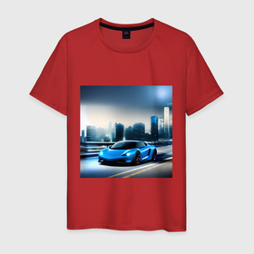 Мужская футболка хлопок с принтом Спортивная машина на фоне города в Кировске, 100% хлопок | прямой крой, круглый вырез горловины, длина до линии бедер, слегка спущенное плечо. | 