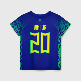 Детская футболка 3D с принтом Винисиус Жуниор ЧМ 2022 сборная Бразилии гостевая в Кировске, 100% гипоаллергенный полиэфир | прямой крой, круглый вырез горловины, длина до линии бедер, чуть спущенное плечо, ткань немного тянется | 