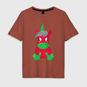 Мужская футболка хлопок Oversize с принтом Красный злой единорог в Белгороде, 100% хлопок | свободный крой, круглый ворот, “спинка” длиннее передней части | Тематика изображения на принте: 