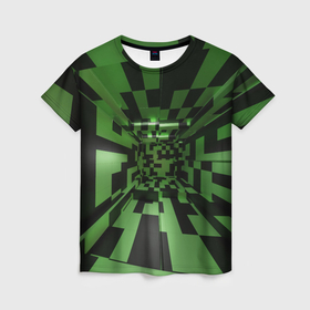 Женская футболка 3D с принтом Чёрно зелёный геометрический коридор в Тюмени, 100% полиэфир ( синтетическое хлопкоподобное полотно) | прямой крой, круглый вырез горловины, длина до линии бедер | 