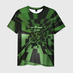 Мужская футболка 3D с принтом Чёрно зелёный геометрический коридор в Новосибирске, 100% полиэфир | прямой крой, круглый вырез горловины, длина до линии бедер | 