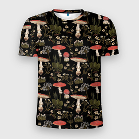 Мужская футболка 3D Slim с принтом Мухоморы и яблоневые цветы в Тюмени, 100% полиэстер с улучшенными характеристиками | приталенный силуэт, круглая горловина, широкие плечи, сужается к линии бедра | 
