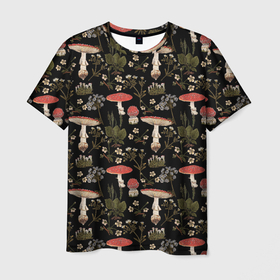 Мужская футболка 3D с принтом Мухоморы и яблоневые цветы в Кировске, 100% полиэфир | прямой крой, круглый вырез горловины, длина до линии бедер | 