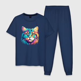 Мужская пижама хлопок с принтом Красивый кислотный кот улыбается в Санкт-Петербурге, 100% хлопок | брюки и футболка прямого кроя, без карманов, на брюках мягкая резинка на поясе и по низу штанин
 | 