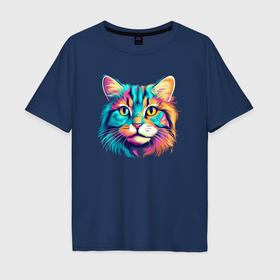 Мужская футболка хлопок Oversize с принтом Красивый кислотный кот улыбается в Курске, 100% хлопок | свободный крой, круглый ворот, “спинка” длиннее передней части | 