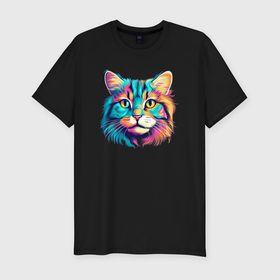 Мужская футболка хлопок Slim с принтом Красивый кислотный кот улыбается в Петрозаводске, 92% хлопок, 8% лайкра | приталенный силуэт, круглый вырез ворота, длина до линии бедра, короткий рукав | Тематика изображения на принте: 
