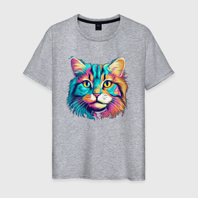 Мужская футболка хлопок с принтом Красивый кислотный кот улыбается в Петрозаводске, 100% хлопок | прямой крой, круглый вырез горловины, длина до линии бедер, слегка спущенное плечо. | Тематика изображения на принте: 