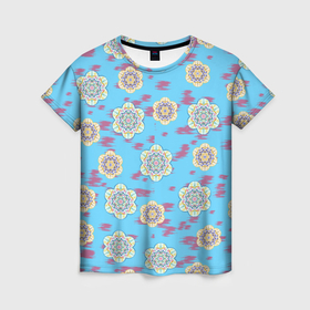 Женская футболка 3D с принтом Мандала орнамент на пятнах в Кировске, 100% полиэфир ( синтетическое хлопкоподобное полотно) | прямой крой, круглый вырез горловины, длина до линии бедер | 