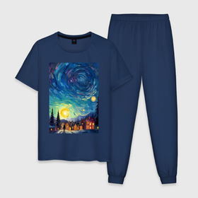 Мужская пижама хлопок с принтом Ночной пейзаж в стиле Ван Гога в Курске, 100% хлопок | брюки и футболка прямого кроя, без карманов, на брюках мягкая резинка на поясе и по низу штанин
 | 