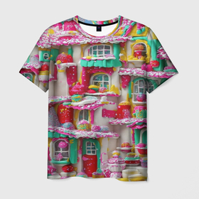 Мужская футболка 3D с принтом Домики из сладостей в Санкт-Петербурге, 100% полиэфир | прямой крой, круглый вырез горловины, длина до линии бедер | Тематика изображения на принте: 