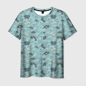 Мужская футболка 3D с принтом Японский дракон на волнах паттерн в Санкт-Петербурге, 100% полиэфир | прямой крой, круглый вырез горловины, длина до линии бедер | Тематика изображения на принте: 