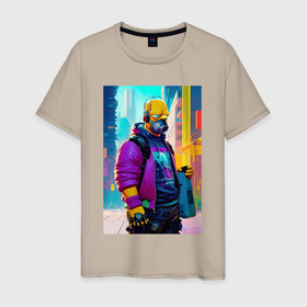 Мужская футболка хлопок с принтом Homer Simpson   city   cyberpunk в Екатеринбурге, 100% хлопок | прямой крой, круглый вырез горловины, длина до линии бедер, слегка спущенное плечо. | 