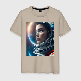 Мужская футболка хлопок с принтом Взгляд  в космос  астронафта в Новосибирске, 100% хлопок | прямой крой, круглый вырез горловины, длина до линии бедер, слегка спущенное плечо. | 