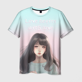 Мужская футболка 3D с принтом девушка аниме в пастельных оттенках , 100% полиэфир | прямой крой, круглый вырез горловины, длина до линии бедер | 