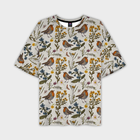 Мужская футболка oversize 3D с принтом Птицы малиновки и зверобой в Петрозаводске,  |  | 