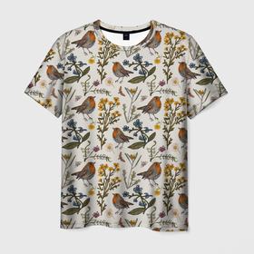 Мужская футболка 3D с принтом Птицы малиновки и зверобой , 100% полиэфир | прямой крой, круглый вырез горловины, длина до линии бедер | 
