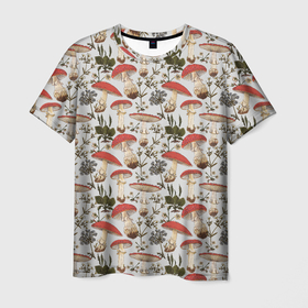 Мужская футболка 3D с принтом Мухоморы и  цветы светлый принт в Кировске, 100% полиэфир | прямой крой, круглый вырез горловины, длина до линии бедер | 
