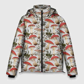 Мужская зимняя куртка 3D с принтом Мухоморы и  цветы светлый принт в Петрозаводске, верх — 100% полиэстер; подкладка — 100% полиэстер; утеплитель — 100% полиэстер | длина ниже бедра, свободный силуэт Оверсайз. Есть воротник-стойка, отстегивающийся капюшон и ветрозащитная планка. 

Боковые карманы с листочкой на кнопках и внутренний карман на молнии. | Тематика изображения на принте: 