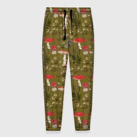 Мужские брюки 3D с принтом Мухоморы и цветы зеленый принт в Екатеринбурге, 100% полиэстер | манжеты по низу, эластичный пояс регулируется шнурком, по бокам два кармана без застежек, внутренняя часть кармана из мелкой сетки | Тематика изображения на принте: 