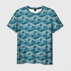 Мужская футболка 3D с принтом Японские волны паттерн в Санкт-Петербурге, 100% полиэфир | прямой крой, круглый вырез горловины, длина до линии бедер | Тематика изображения на принте: 