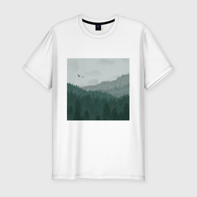 Мужская футболка хлопок Slim с принтом Туманные холмы и лес в Кировске, 92% хлопок, 8% лайкра | приталенный силуэт, круглый вырез ворота, длина до линии бедра, короткий рукав | 