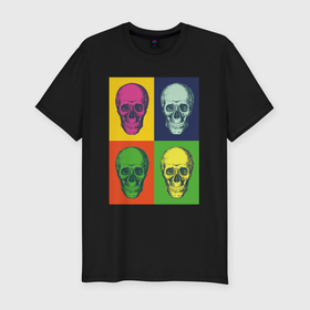 Мужская футболка хлопок Slim с принтом Psychedelic skulls в Новосибирске, 92% хлопок, 8% лайкра | приталенный силуэт, круглый вырез ворота, длина до линии бедра, короткий рукав | 