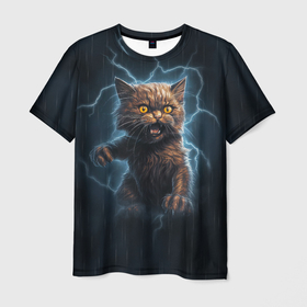 Мужская футболка 3D с принтом Грозовой котенок , 100% полиэфир | прямой крой, круглый вырез горловины, длина до линии бедер | 