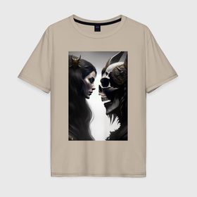 Мужская футболка хлопок Oversize с принтом Девушка и демон в Санкт-Петербурге, 100% хлопок | свободный крой, круглый ворот, “спинка” длиннее передней части | 