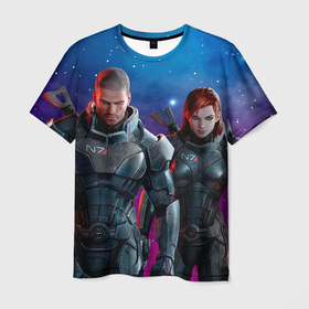 Мужская футболка 3D с принтом Mass Effect N7 space в Курске, 100% полиэфир | прямой крой, круглый вырез горловины, длина до линии бедер | 