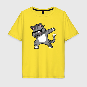 Мужская футболка хлопок Oversize с принтом Dab cat в Санкт-Петербурге, 100% хлопок | свободный крой, круглый ворот, “спинка” длиннее передней части | Тематика изображения на принте: 