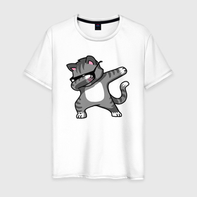 Мужская футболка хлопок с принтом Dab cat в Новосибирске, 100% хлопок | прямой крой, круглый вырез горловины, длина до линии бедер, слегка спущенное плечо. | 
