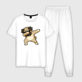 Мужская пижама хлопок с принтом Dab pug в Санкт-Петербурге, 100% хлопок | брюки и футболка прямого кроя, без карманов, на брюках мягкая резинка на поясе и по низу штанин
 | Тематика изображения на принте: 